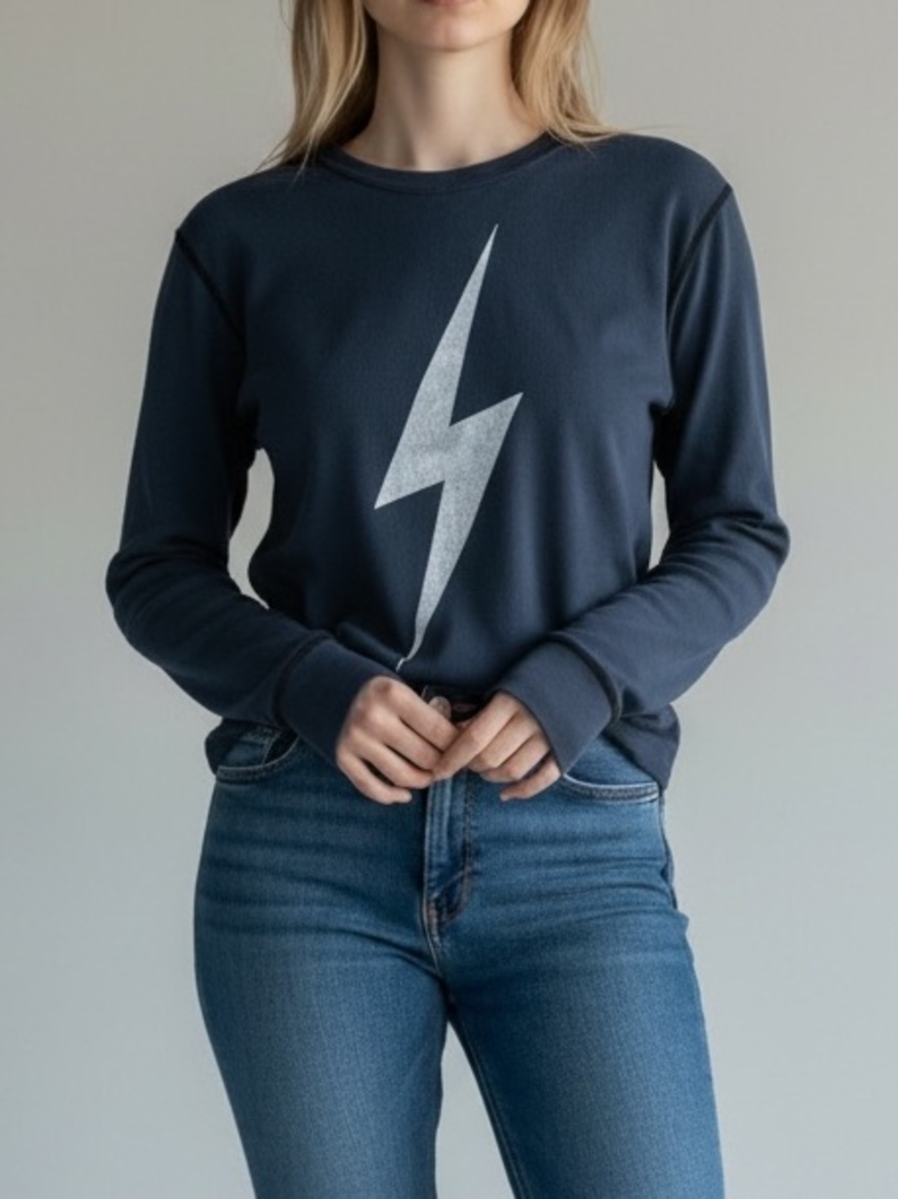 Aviator Nation Lightning Bolt Thermal Long Sleeve White Blue Medium